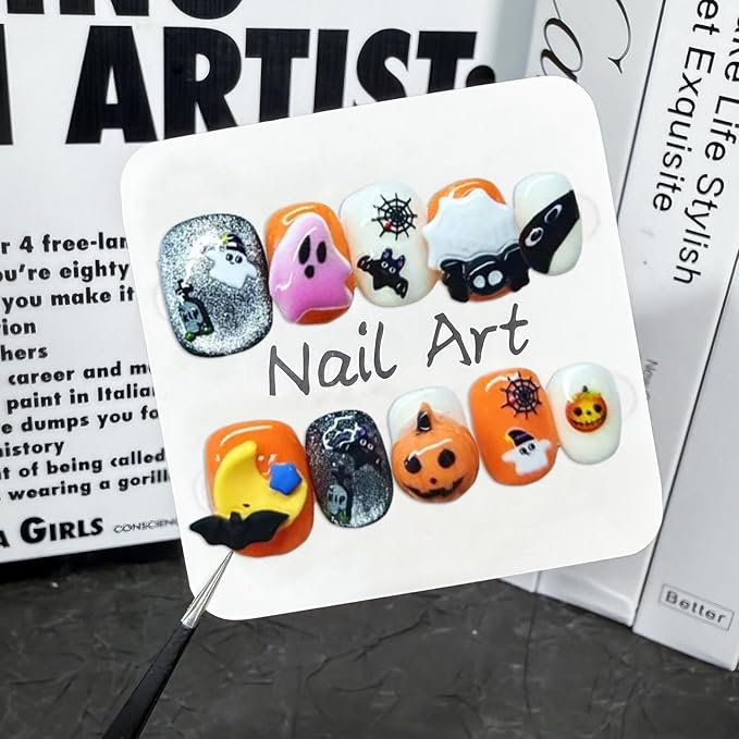 Handmade Press on Nails Short Square Fake Nails with Design Handmade Cute Cartoon Ghost Pumpkin Bat Glue on Nail Glitter False Nails Full Cover Thick Acrylic Halloween Nail for Women（Size S)