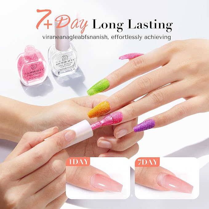 AZUREBEAUTY Nail Polish Set, 4 Colors Flash Reactive Shimmer Glitter Neon Pink Orange Green Purple Spring Summer Long Lasting Quick Dry Natural Fingernail Lacquer Strengthening Kit with Top Coat