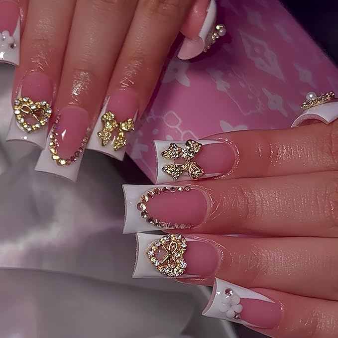 White Press on Nails French Tip Fake Nails Duck False Nail with Charms Design Bow Heart Glue on Nails Glossy Full Cover Artificial Acrylic Nude Stick on Nail for Women Girls Manicure 24Pcs