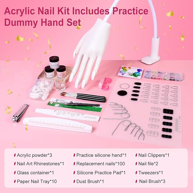 Practice Hand for Acrylic Nails, Acrylic Nail Training Mat , Manicure Trainng Hand Nail Kit for Beginners,Movable Nail Maniquin Hand with 50PCS Nail Tips,Acrylic powder, Brush and Clipper (White)