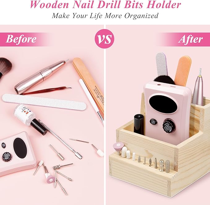 Nail Drill Bits Holder, Wooden 10 Holes Nail Drill Machine Holder Display Storage Box, Durable Nail Art Polishing Grinding Drill Bit Organizer for Home Use or Nail Salon