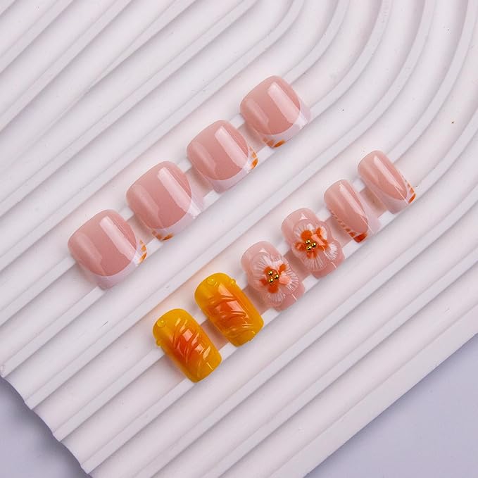48Pcs Square Press on Nails Short & Press on Toenails Set, Yellow Flowers Fake Nails French Press on Toe Nails Full Cover Stick on Toe Nails Acrylic Nails Kit for Women Manicure