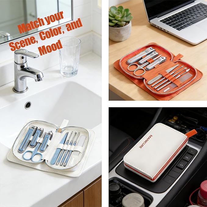 9-in-1 Manicure and Pedicure Kit for Men & Women, Travel Nail Clipper Set with Stainless Steel Tools & Glass Nail File, Portable Grooming Kit in PU Leather Case, Personal Care Gift