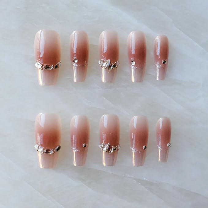 Long Ballerina Press-on Nails, Pink French Style with Rhinestones, Coffin Shape, Handmade False Nail 10 Pieces (XS,LB)