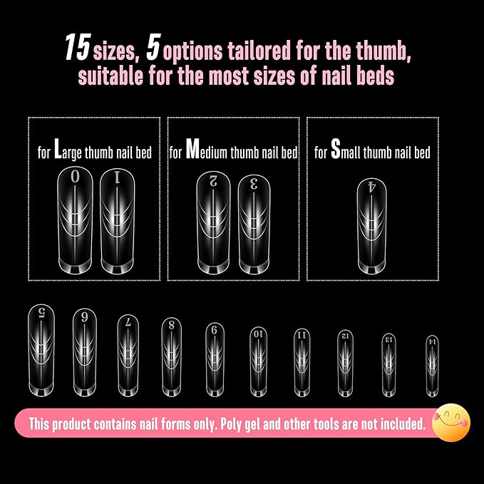 NOVO OVO Helloween Curved Square Nail Dual Forms for Poly Gel Extension with Guiding Line Inside, M L XL Reusable Full Cover Acrylic/Builder/Hard Gel Polygel Molds for Salon DIY x 15 sizes 150 Pcs