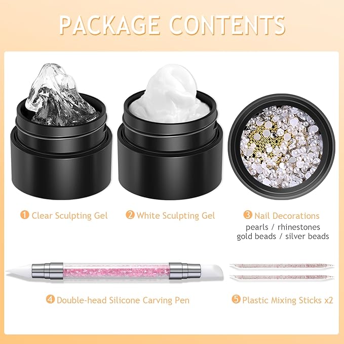 3D Sculpting Gel for Nail Art, Clear & White Solid Builder Kit, Non-Sticky Hard Gel for Hand Molding with Silicone Carving Pen and Nail Decorations, DIY Manicure Salon Supplies