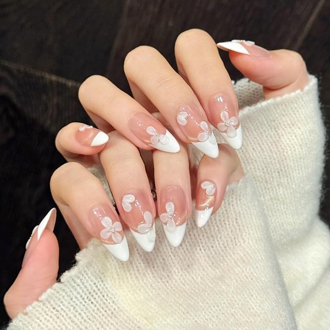 3D handmade nails press on false nails,Thick Strong Waterprooft almond hand-painted cute white flower French bridal acrylic fake nails designed kit,10 Nails, Size L #556
