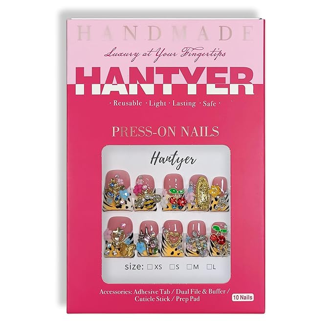 10pcs Leopard French Tip Press On Nails Sweet Cool Style, Short Duckbill Nails with 3D Embossed Petals & Metal Decor, Icy Glossy Finish, Reusable, Easy to Apply & Carry for Parties(Size M)