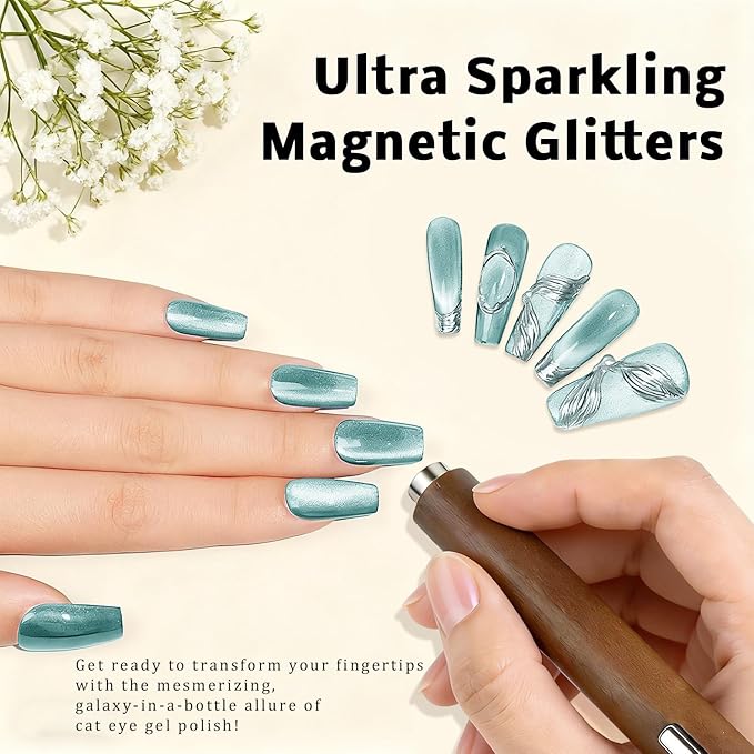 Gel Nail Polish Set, Cat Eye Gel Polish Kit, Holographic Reflective Magnetic Shimmer Blue Red Brown Purple Green Gray Glitter Nail Art, Manicure Salon DIY, Soak Off, UV/LED Cured (9 Colors F)