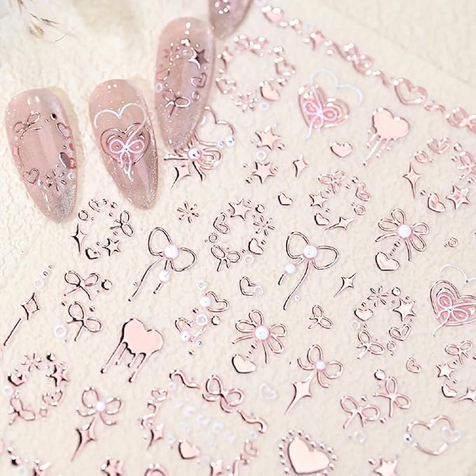 Valentines Day Nail Art Stickers for Nail Art 5D Embossed Bow Nail Stickers with Pink Bow Star Heart Romantic Self Adhesive Design Cute Nail Decals Nail Art Supplies for Women Acrylic Manicure Tips
