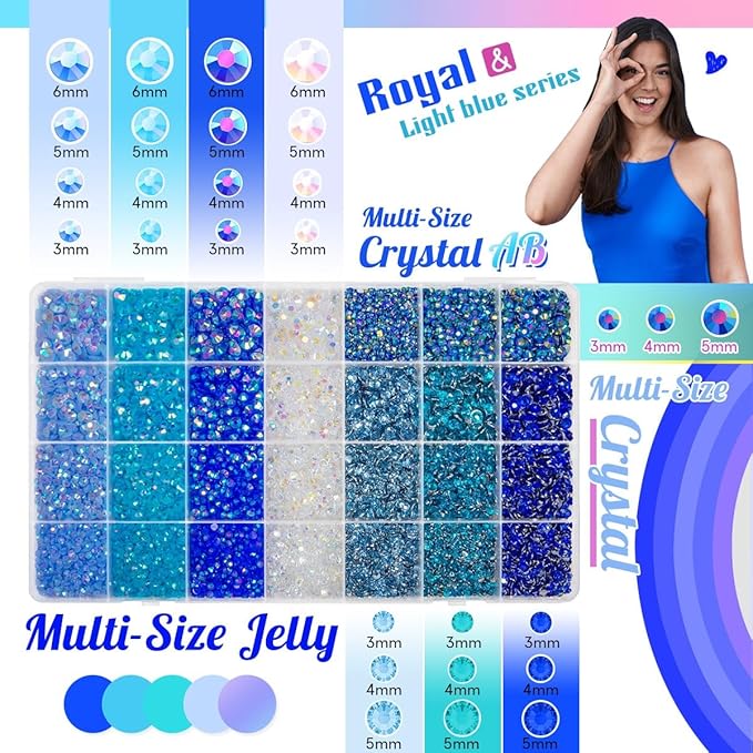 28 Types Colorful Blue Jelly Resin Rhinestones 3mm 4mm 5mm 6mm Flatback Stones Gems Diamonds Crystals for Nails Face Eyes Makeup DIY Crafts Tumblers Bottles Bedazzling Crafting Clothes Shoes