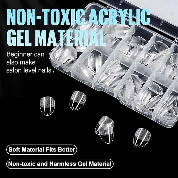 TOMICCA Extra Short Almond Nail Tips 192Pcs 12 Sizes - Clear Gel Short Fake Nails for Acrylic Nails & Press On Nails, Home DIY and Wedding Salon for Nails Extensions (Beginner & Professional)