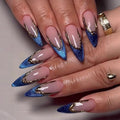 Medium Long Stiletto Press On Nails Nude Pink with Blue Glitter French Tip Gold Outline 24 Pcs Fake Nails with Adhesive Tabs No Nail Glue