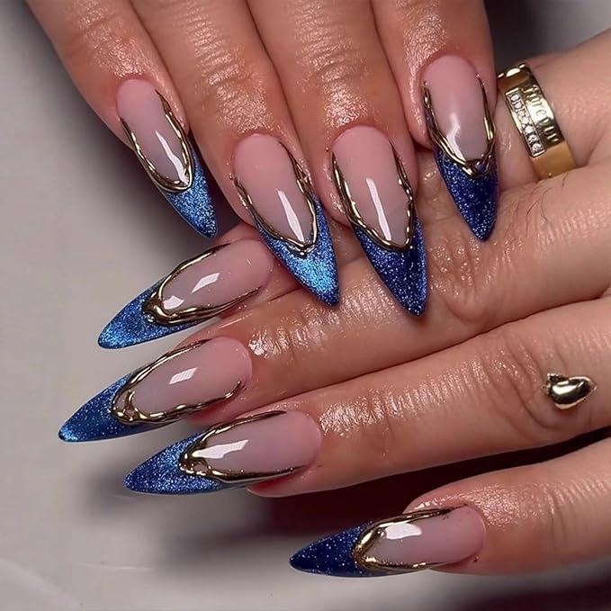 Medium Long Stiletto Press On Nails Nude Pink with Blue Glitter French Tip Gold Outline 24 Pcs Fake Nails with Adhesive Tabs No Nail Glue