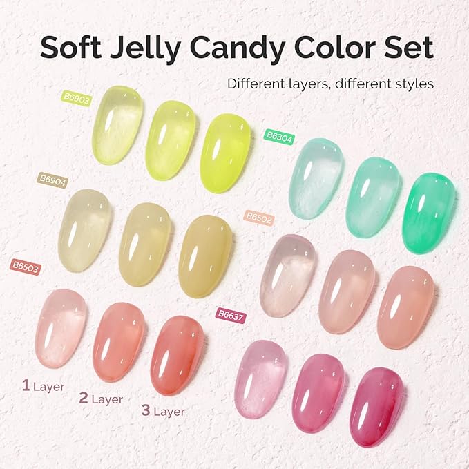 MelodySusie Jelly Gel Nail Polish Set,6 Transparent Colors,Milky or Jelly Texture,Soft Candy Colors Soak Off UV LED Light Cure or Salon Manicure and Nail Art DIY at Home 15ML 0.3Fl Oz