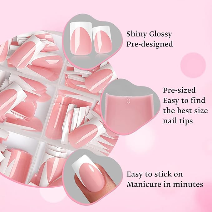 280pc French Tips Press on Nails Medium Square Fake Nail with Glue Tabs, French Tips Glue on Nails Press on Nail Square Acrylic Nails Medium Artificial Fingernails Women Girls Nude Pink False Nails
