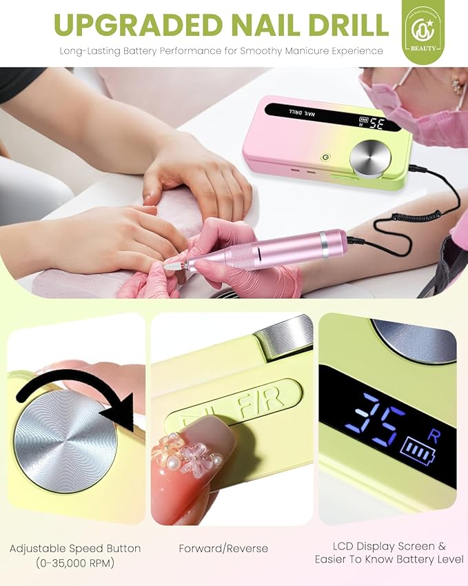 CozyZen Cordless Nail Drill Professional: 45000 RPM Rechargeable Electric Nail File Kit, Portable & Low Noise for Acrylic, Gel Nails, Manicure & Pedicure - Salon & Home Use (Green & Pink)