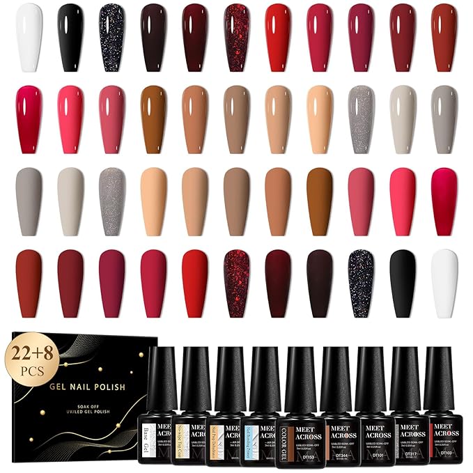 MEET ACROSS 30Pcs Nude Gel Polish 22 Colors Gel Nail Polish Set Black Red Skin Tones Series Neutral Brown Fall Winter Gel Nail Kit DIY Nail Art Salon Home Gift