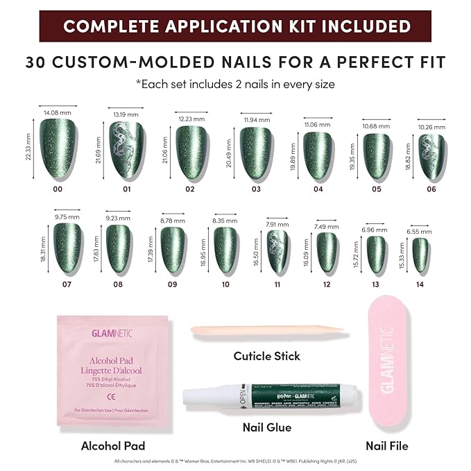 Harry Potter™ x Glamnetic Press On Nails - Slytherin™ | Green Snake Serpent Graphic Short Almond Nails in a Velvet Finish | 15 Sizes - 30 Nail Kit with Glue