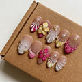 Luxury Press on Nails Medium Almond Handmade 3D Unique Reusable ABS Material Fake Nails French Tip False Nails with Designs Pink Floral Pearls Summer Glossy Glue on Nail Thick Acrylic Nail(S)