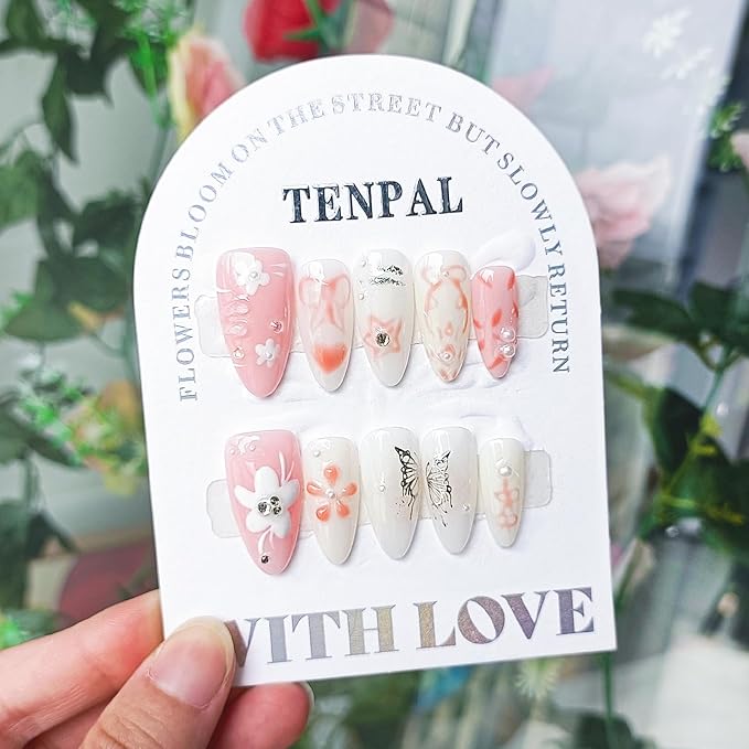 Handmade Press on Nails Medium Almond Pink Acrylic Nails with Hand Painted Versatile Floral Bow Tie Designs Full Cover Reusable Fake Nails Press Ons 10pcs/box Glossy Glue on Nails(M)