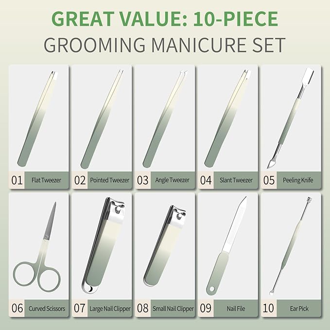 Manicure Set 10 in 1 Stainless Steel Nail Clippers Scissors Tweezers Grooming Kit with Travel Case (Green)