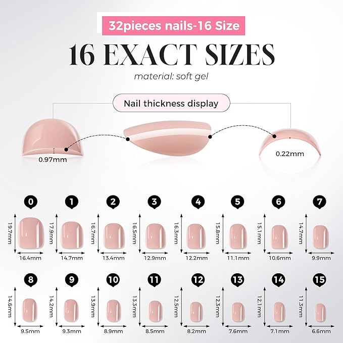 UNA GELLA Short Round Press on Nails - 32Pcs 16 Sizes Oval Nude Pink Fake Nails, Glossy Reusable Glue on Nails for Women, Durable Natural False Nails Kit for Small or Wide Nail Beds