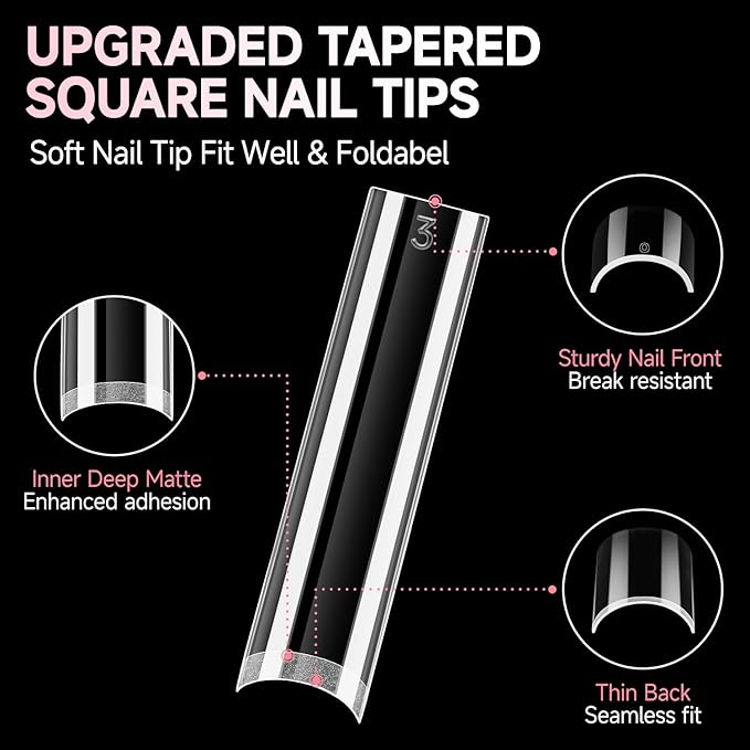 UNA GELLA No C Curve Nail Tips 504 PCS Extra Long XXL Tapered Square Nail Tips Half Cover Nails tips Straight Shape For French Acrylic Nails False Fake Clear Tips Square Shape with Box