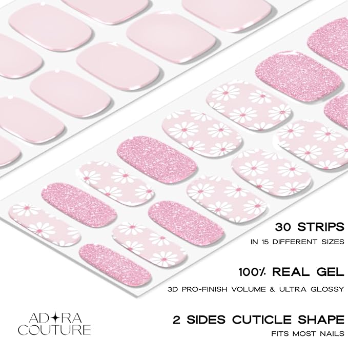 Semi Cured Gel Nail Strips with 30 Pieces - Salon Quality Manicure Kit for Women Easy Application Wraps Includes Prep Pads Nail File Wooden Stick, UV Light Required (Charming Daisy)