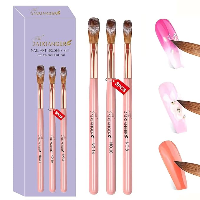 3PCS Rose Gold Acrylic Nail Brush Set,Size 8/10/14 Professional Nail Brushes for Acrylic Application Extension and 3D Carving for Nail Home Salon DIY