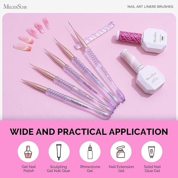 MelodySusie 5Pcs Nail Art Liner Brushes with Nail Brush Holder, Professional Gel Polish Painting Art Design Pen for Thin Long Lines, Tiny Details, Fine Drawing, Delicate Coloring Sizes 5/7/9/11/20mm