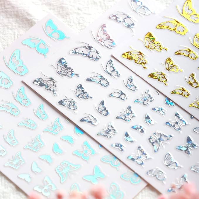 12 Colors Butterfly Nail Art Stickers, 3D Butterfly Self-Adhesive Sticker Design, Laser Gold Silver Red Black White Pink Yellow Green Butterflies Nail Transfer Decals for Women Manicure Decorations
