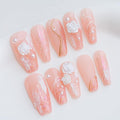 Sun&Beam Nails Handmade Press on Fake Nails Medium Long Nail Tips Popular Design Ballerina Pink 3D Flower Cute Pearl with Storage Box 10 Pcs (#002 L)