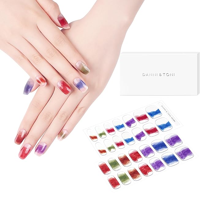 DANNI & TONI Semi Cured Gel Nail Strips Watercolor Multicolored Gel Nail Polish Stickers Red Purple Blue Green Nail Wraps 28 Stickers | Celestial Flow