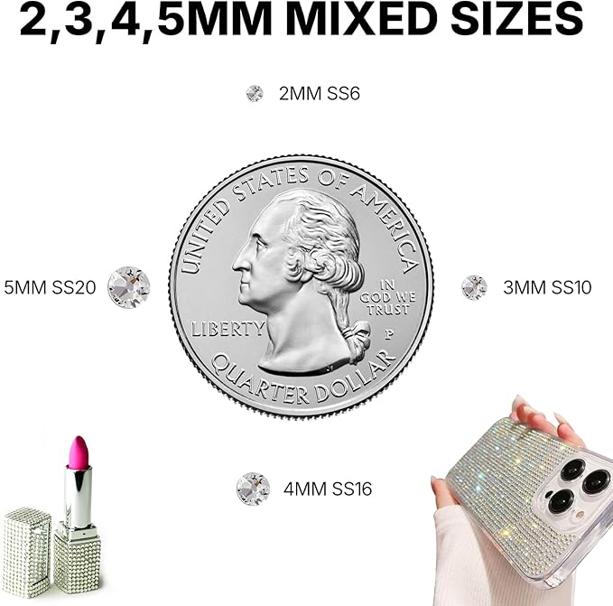 11000Pcs Transparent Clear 2/3/4/5mm Flatback Rhinestones with Glue for Bedazzling Crafting Clothing Clothes Crafts Shoes Nail Art, Resin Flat Back Gems Crystals Diamonds Gemstones Jewels Stones Kit