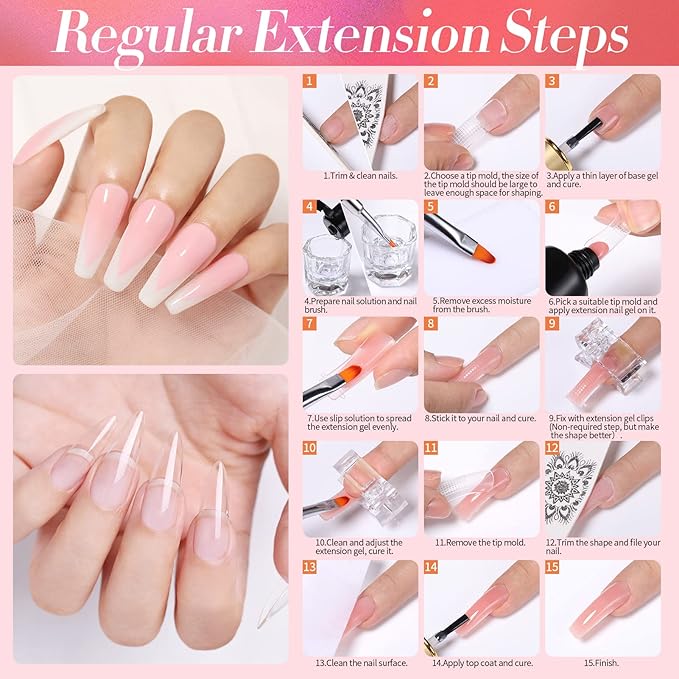 BORN PRETTY Poly Nail Extension Gel Kit-6 Colors Poly Nails Gel Kit Nude Clear Jelly Pink All In One Kit Builder Glue Gel with Nail Lamp Base Top Coat Set Nail Forms French Manicure Set for Beginner Starter DIY at Home Mother's Day Gifts