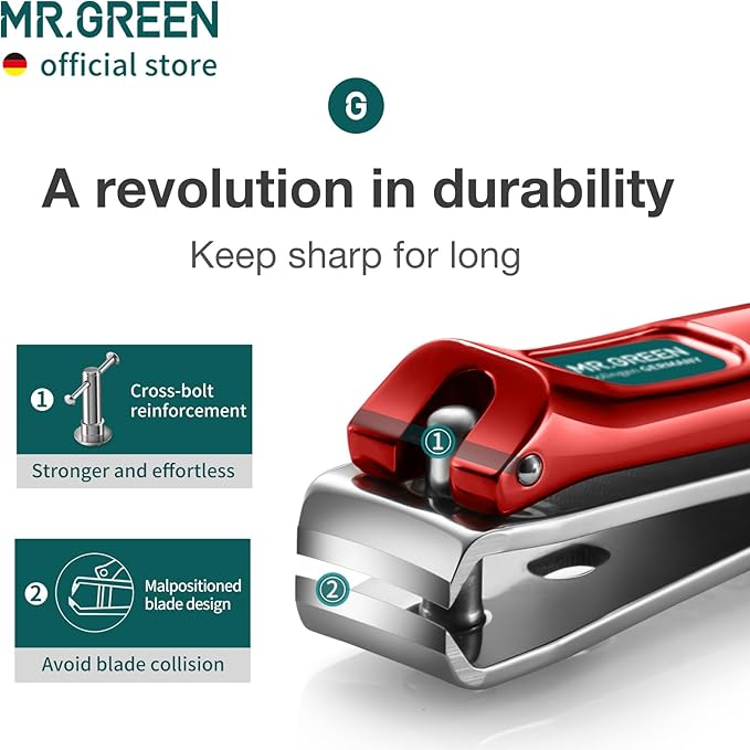 MR.GREEN Nail Clippers Curved Blades Fingernail Cutter Nippers Manicure Scissors Stainless Steel Pedicure Tools with Nail Flies (Medium-Red+Glass File)