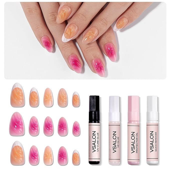 VSALON Press-On Nails Short Almond - Hot Pink & Nude 3D Design Bowknot Valentine French Tip Fake Nails, 42 PCS in 16 Sizes Nail Kit with UV Glue, Easy Tabs, Nail Glue & Remover (Barlow Girl)