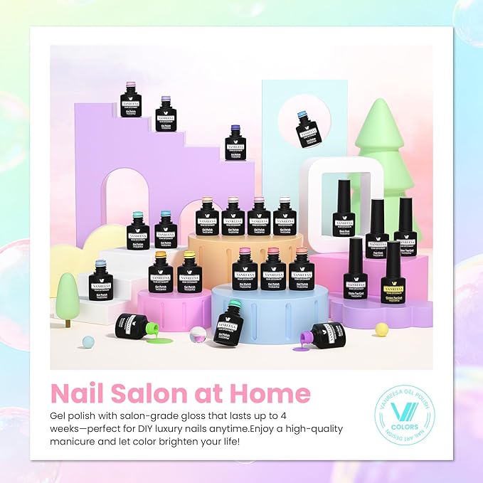 VANREESA 24 Pcs Gel Nail Polish Set -Trendy Colors Gel Polish with Base Coat & 4 Effects of Top Coat Nude Pink Orange Yellow Green Blue Purple Gel Polish Set Nail Kit Gifts for Women Girls DIY at Home