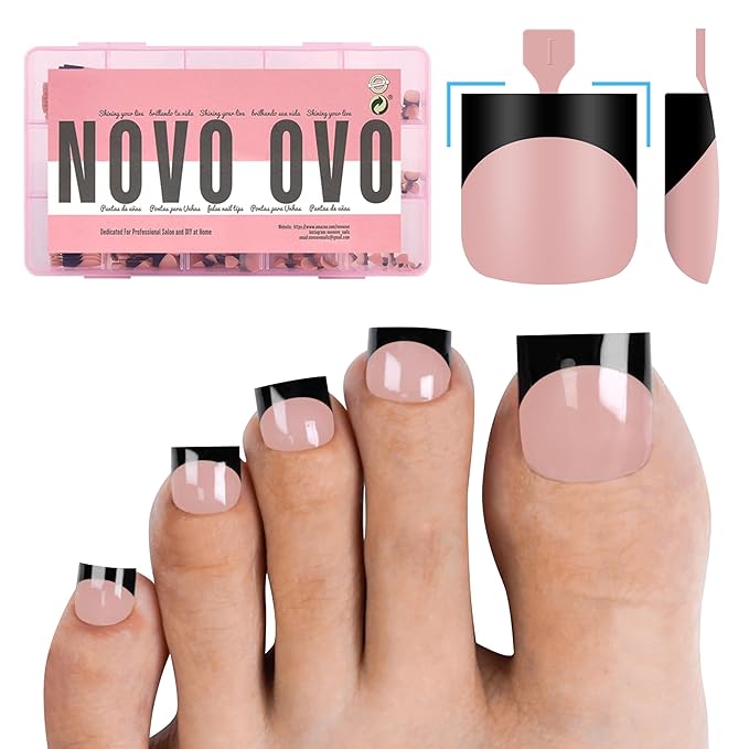 NOVO OVO Halloween Black French Tip Toe Nail Tips Press on, BABY PINK Sharp Square Pre-Designed Soft Gel False Toenail Extension, Medium Wide Fake Toenails, Full Cover Acrylic for DIY 15 Sizes 240 pcs