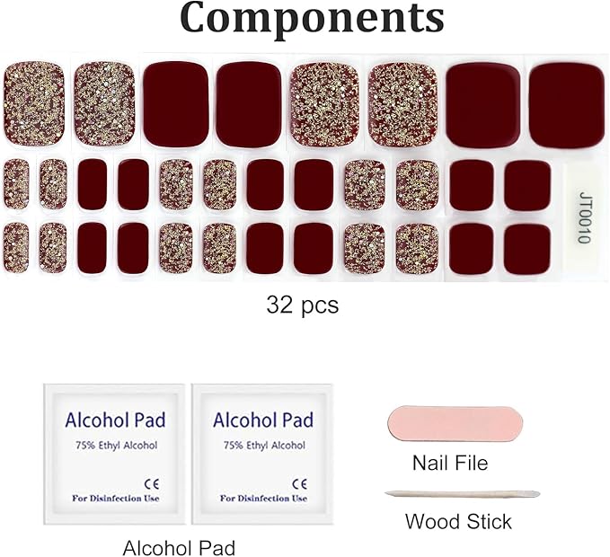 32 Pcs Dark Red Semi Cured Gel Toe Nail Strips Gold Glitter Gel Nail Stickers Full Cover Nails Wraps Self Adhesive Toe Nails Polish Strips Stickers for Women UV/LED Light Required