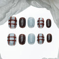 Sun&Beam Nails Handmade Press-on Short Round Blue Brown Hand-Painted Minimalist Plaid Design Fashion False Nail Tips 10 Pcs Set (#208 L)