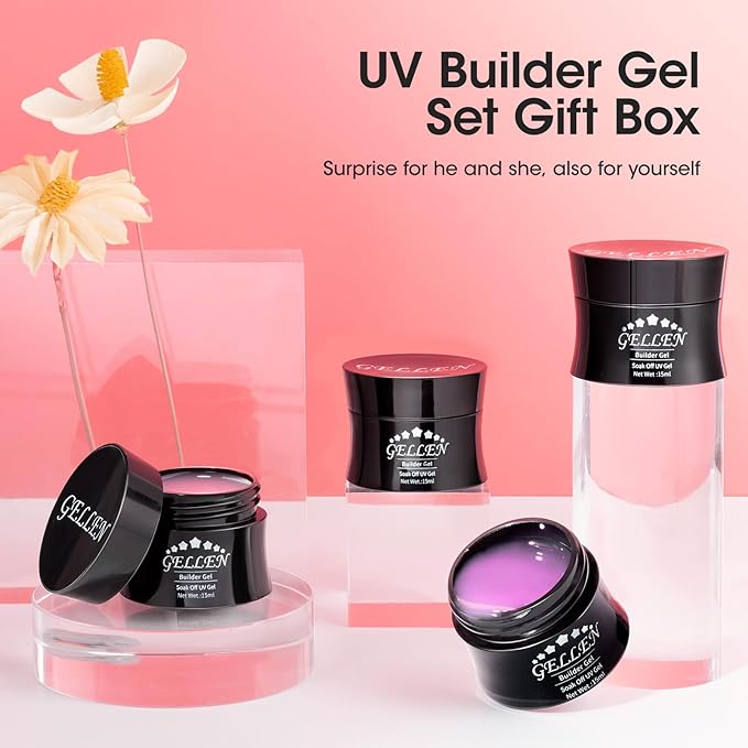 Gellen Builder Gel Kit - Nail Extension Kit with 4 Pastel Colors: Rose, Red, Violet, Blue, Green - Hard Gel Nail Builder, 15ml