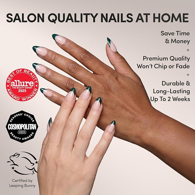 Glamnetic Press On Nails - Château | Semi-Transparent Dark Green French Tip Short Almond Fake Nails in a Glossy Finish, Salon Quality | 15 Sizes - 30 Nail Kit