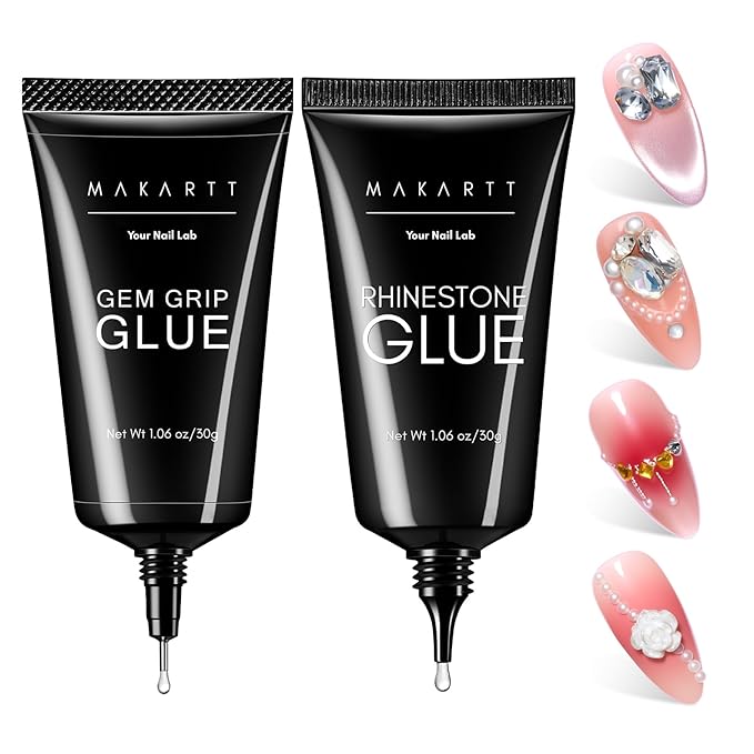 Makartt Nail Rhinestone Glue Gel Set: 60g 3D Super Strong No Wipe Nail Glue for Charms Gems Crystals Beads Decorations Gem Grip Glue DIY Beginners & Salon UV Lamp Needed (2PCS Low & Medium Viscosity)