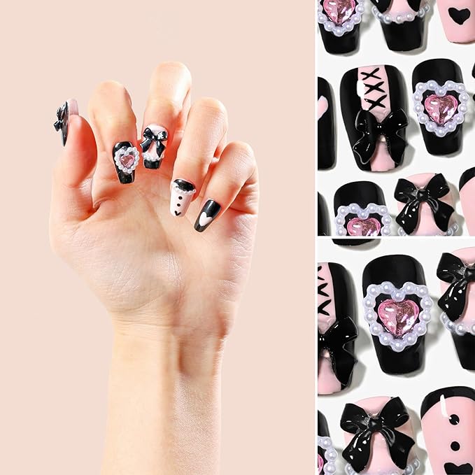 Sun&Beam Nails Handmade Press-on Square Round Trapezoid Nail Design False Nail Tips Pink and Black with Ribbon Stylish 10 Pcs Set (#149 M)