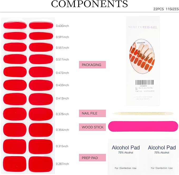 Semi Cured Gel Nail Strips Red Solid Gel Nail Stickers with UV/LED Required Long Lasting Gel Nail Stickers Includes 22 Strips 2 Prep Pads, Nail File & Wooden Stick