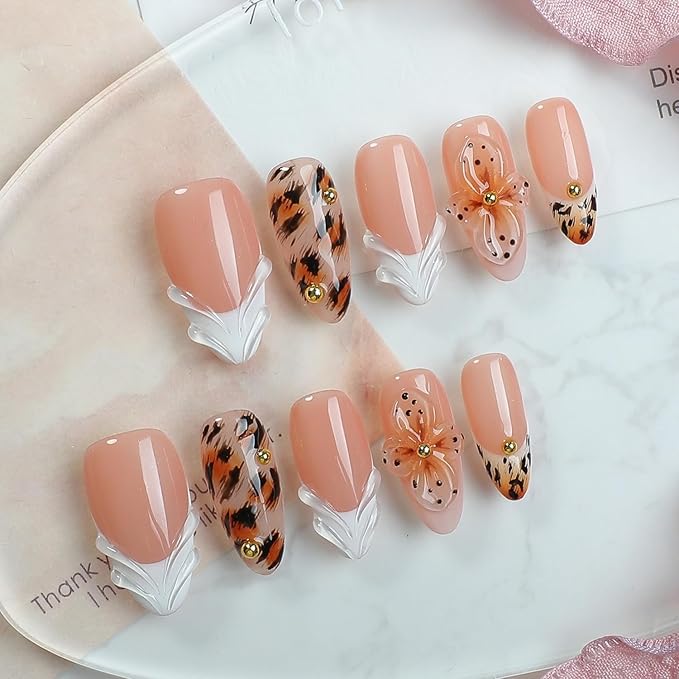 Handmade Press on Nails Medium Almond Fake Nails Leopard Print Gradient Design French False Nails Flower Handmade Reusable Nails for Women Decorations (Size M)