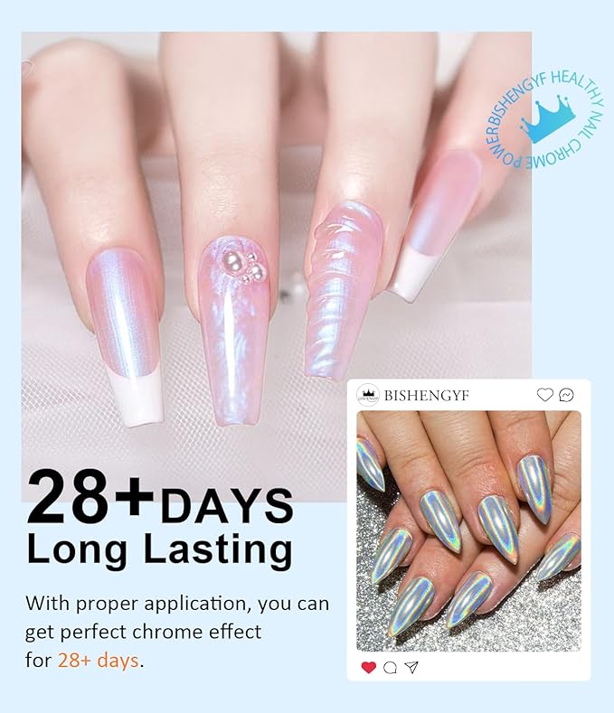 8Pcs Chrome Nail Powder BISHENGYF: Rose Gold Super Mirror Effect Nail Chrome Powder White Pearl Chrome Nail Powder with 1Pcs Silicone Nail Brush for Gel Nails DIY Gift for Women