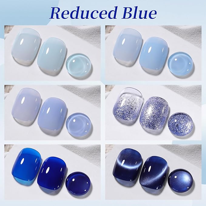 Born Pretty Blue Gel Nail Polish Series,Jelly Transparent,Cat Magnetic Eye,Shimmer Glitter Holographic Blue Gel Polish Kit for Salon Manicure and Nail Art DIY at Home